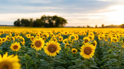 Fototapeta premium Bright yellow sunflowers blooming in field at sunset. 