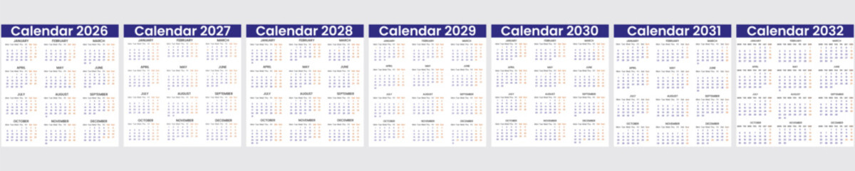 Vector calendar design illustration. Calendar design on 2026, 2027, 2028, 2029, 2030, 2031 and 2032 year. Trending yearly calendar design of 2026 to 2032. Editable font for each year calendar