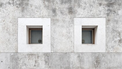 Two symmetrical recessed square windows in a light gray stone wall