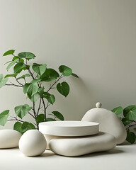Minimalist product display with organic podiums and lush green plant for cosmetic and beauty product showcasing