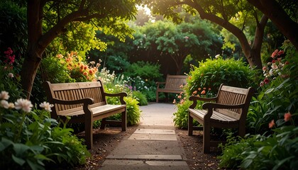 Obraz premium Serene Garden Path Wooden Benches Lush Foliage in a Peaceful Oasis.