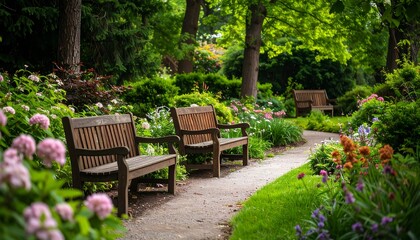 Serene Garden Path with Benches Peaceful Walkway with Lush Greenery, and Outdoor Scene.