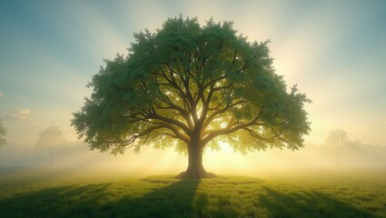Fototapeta premium Growth, renewal, and natural beauty concept with radiant sunlight shining through a majestic solitary tree in tranquil meadow