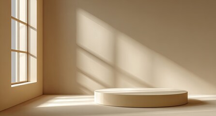 Minimalist beige room with round podium