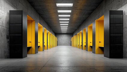 Modern concrete corridor with yellow doors