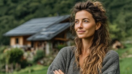 A smiling woman with curly hair stands confidently outdoors, with a modern house featuring solar panels in the background amidst lush greenery.