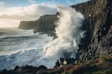 Crashing ocean waves against dark basalt cliffs spray
