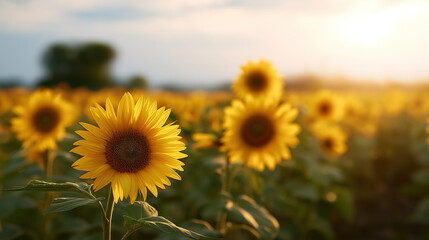 Fototapeta premium Bright yellow sunflowers blooming in field at sunset. 