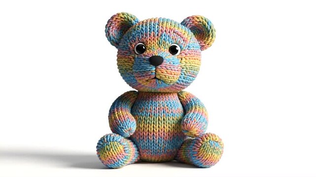 Colorful Knitted Teddy Bear on White Background