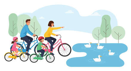 Fototapeta premium A happy family cycling in the park with ducks in a lake on a sunny day