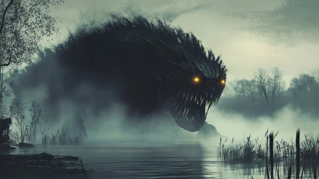 Dark creature emerging from misty swamp at dusk