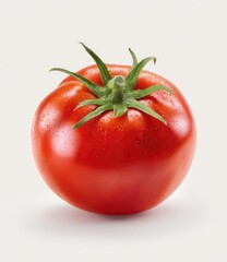 Single, ripe tomato, glossy red skin, green stem