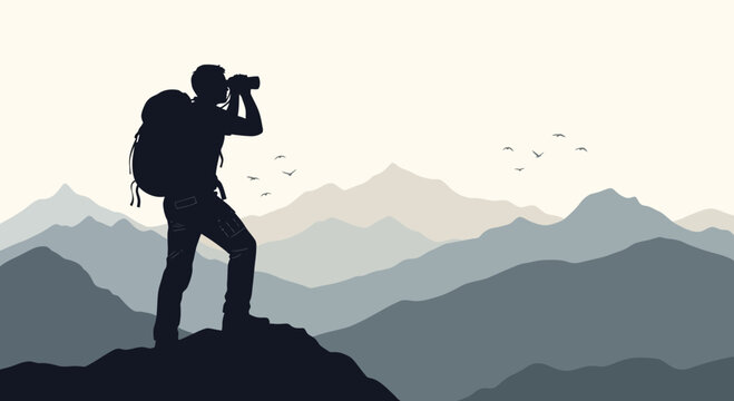 A hiker looking through binoculars on top of a mountain with a scenic mountain range in the background