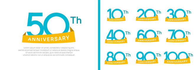 set of anniversary logo style yellow ribbon. vector design blue color for celebration