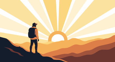 Obraz premium A hiker stands admiring the sunrise over mountain range during a hiking adventure