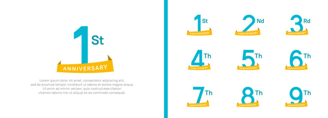 set of anniversary logo style yellow ribbon. vector design blue color for celebration