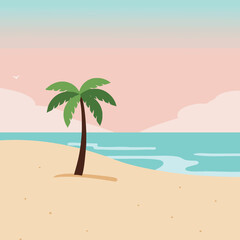 Obraz premium A serene beach scene featuring a palm tree, sandy shore, and calm ocean under a pastel sky.