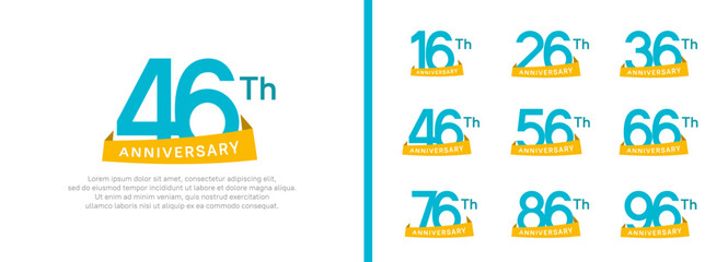 set of anniversary logo style yellow ribbon. vector design blue color for celebration