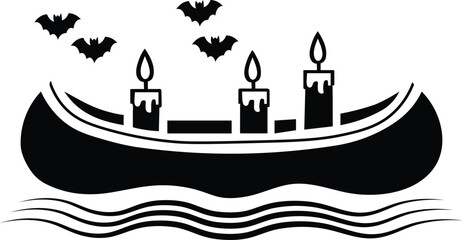 Spooky Halloween Canoe with Candles and Bats A Monochrome Illustration