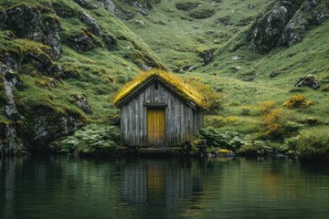 Rustic cabin nestled beside a tranquil lake, surrounded by lush greenery and mountains