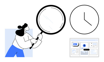 Fototapeta na wymiar Female character holding a magnifying glass, clock symbolizing time analysis, and a data monitor underline analysis, focus, and productivity. Ideal for time management, business, research