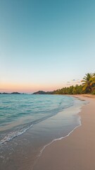 Tropical beach paradise with palm trees and turquoise water during sunset for vacation