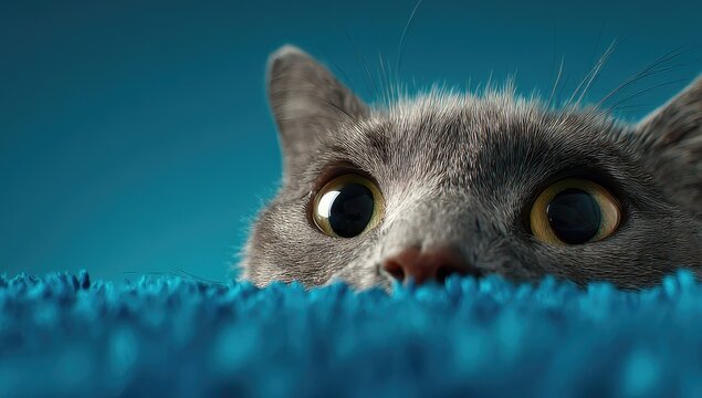 Close-up of a curious gray cat peering from behind blue carpet