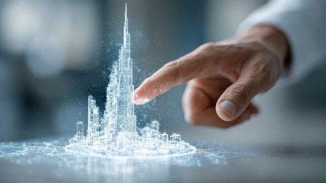 A hand interacts with a holographic cityscape, showcasing futuristic architecture and technology in a captivating visual display.