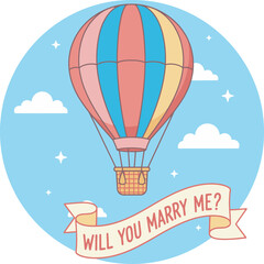 Fototapeta premium A colorful hot air balloon, a romantic proposal, and a question.