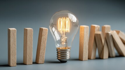 A glowing light bulb stands center, acting as a final barrier to a chain of falling wooden blocks, symbolizing innovation and problem-solving.Created with Generative AI, not depicting real subjects.
