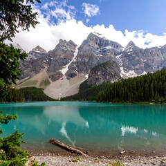 Majestic alpine lake nestled amongst towering mountains