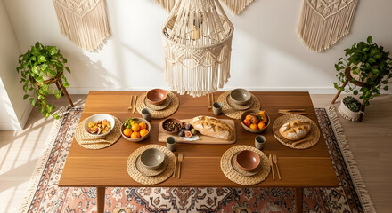 Wooden Table Setting Decorated With Food And Plants, A Perfect Dinner Scene