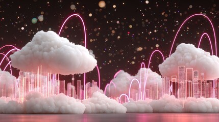 Dreamlike cityscape Clouds sit above glowing pink buildings, with shimmering bokeh and neon arcs against a dark backdrop