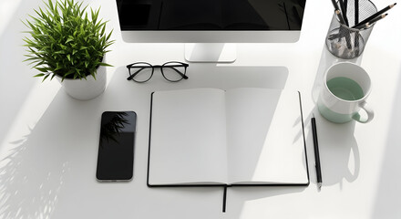 Workspace Arranged With Items Promoting Productivity, Focus, And Refreshment In Bright Sunlight