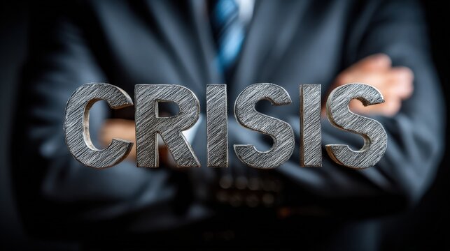 A stark and impactful visual of the word CRISIS in bold metallic letters, conveying a sense of urgency and unease. ..Created with Generative AI, not depicting real subjects.
