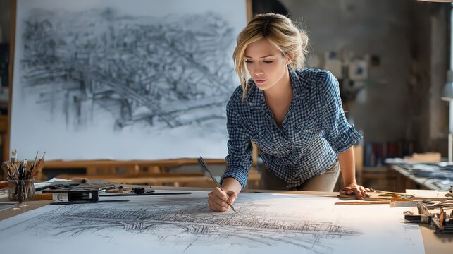 Focused young woman artist creating charcoal drawing on large paper in her studio with natural light coming through window