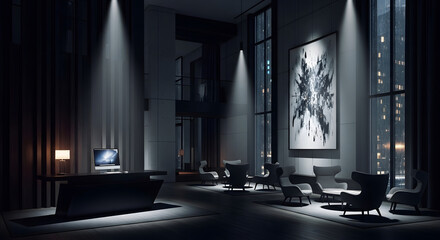 Fototapeta premium Dramatic nighttime ambiance in a sleek, multi-story corporate office lobby featuring modern architectural design and spotlighting