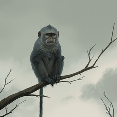Sad Monkey Sitting on Tree Branch in Dark Forest