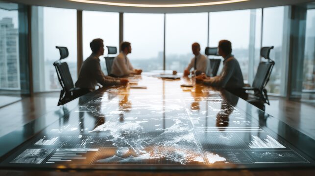 A modern meeting room featuring individuals discussing over a high-tech interactive table displaying a map and data graphics.