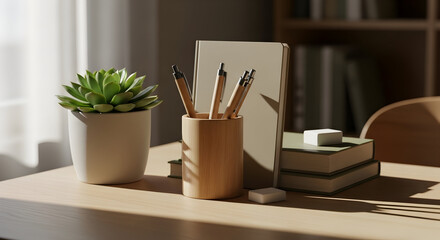 Workspace Still Life Featuring Potted Succulent, Stationery, And Natural Light