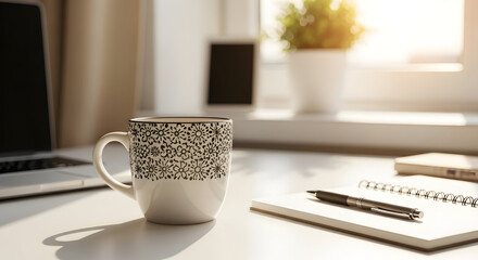 Workspace With Coffee And Notebook, Illustrating Work From Home And Productivity