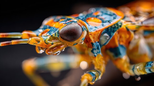 Colorful insect, orange and blue, close-up view. Droplets of water cling to its body. Dark background