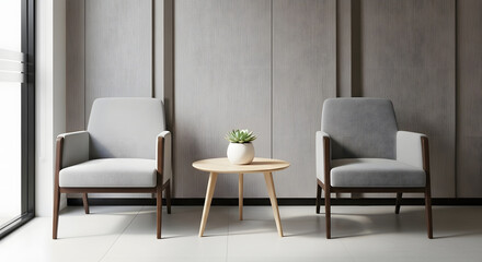 Minimalist corporate office lobby with modern armchairs and a wooden table, creating a professional and welcoming waiting area