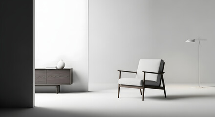 Modern corporate office lobby with minimalist armchair and contemporary floor lamp creating a sophisticated ambiance