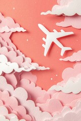 Paper-cut airplane soars amid layers of fluffy pink and white clouds on a coral background, sprinkled with tiny stars, creating whimsical travel art