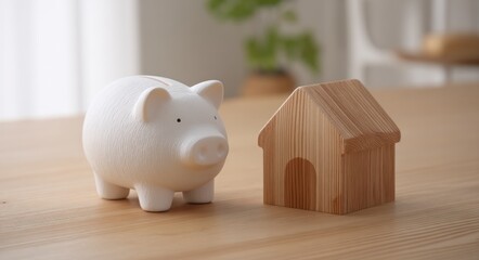 Still life of a white piggy bank and wooden house on a wooden surface, with a blurred background