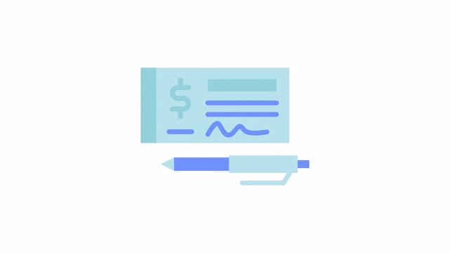 Animated paycheck with a blue pen, suitable for finance, banking, payments, approvals, transactions, contracts, and business concepts.