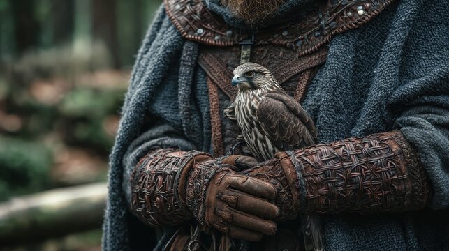 Falconer in Medieval Attire Holds a Falcon While Standing in a Wooded Area During Early Morning Light