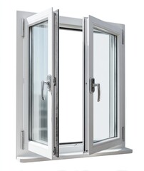 A white framed window with two panes swung open, letting in bright light. Isolated on white background