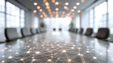 A modern conference room with a network graphic overlay, featuring sleek furniture and warm ambient lighting.